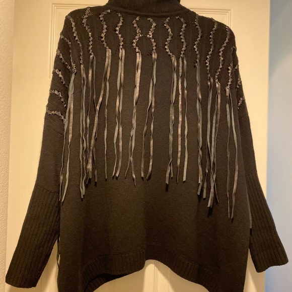 Malandrino Women’s Cashmere Leather Accented Black Turtleneck Sweater Oversized - Picture 7 of 16